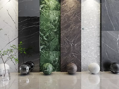 Feature Wall Design with Various Marble Textures and Colored Spherical Decor Elements 3d model