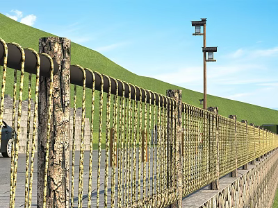 Metal Woven Fence Along Stone Path With Green Hills And Street Lights 3d model