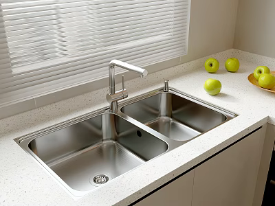 Modern Kitchen White Countertop With Double Bowl Stainless Steel Sink And Green Apples 3d model