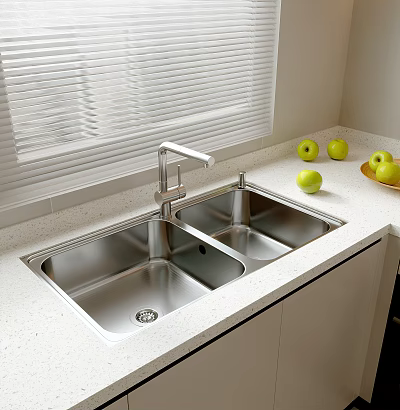 Modern Kitchen White Countertop With Double Bowl Stainless Steel Sink And Green Apples 3d model