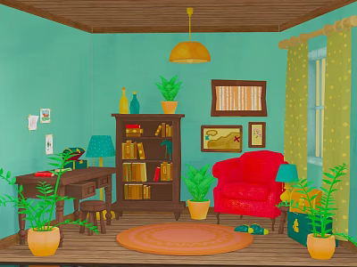 Cartoon Room Interior Scene With Turquoise Walls Wooden Ceiling Yellow Lamp Red Armchair And Plants 3d model