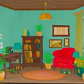 Cartoon Room Interior Scene With Turquoise Walls Wooden Ceiling Yellow Lamp Red Armchair And Plants