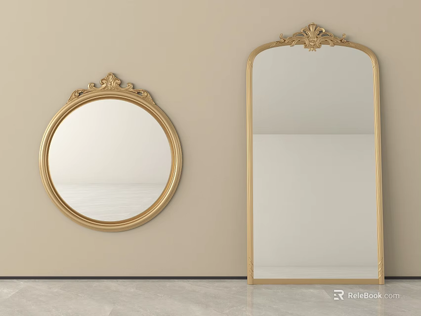 Decorative Round And Rectangular Mirrors With Gold Frames On Beige Wall 3d model 
