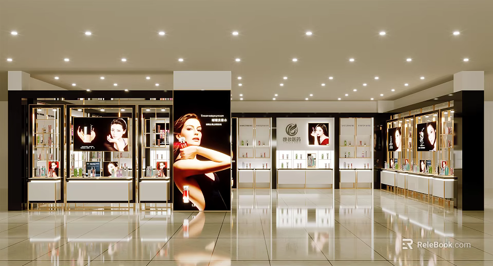 Cosmetics Store Interior With Bright Lighting Display Cabinets Advertising Billboards And Product Shelves 3d model 