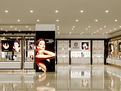 Cosmetics Store Interior With Bright Lighting Display Cabinets Advertising Billboards And Product Shelves 3d model