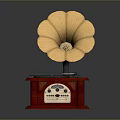 Vintage Gramophone With Flower Shaped Golden Horn Red Wooden Base And Pink Vinyl Record