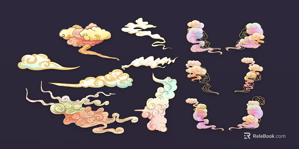 Colorful Cloud Pattern Carving in Various Styles Decorative Artwork on Dark Background 3d model