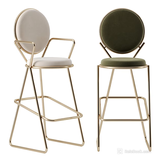 Modern Elegant Bar Stools With Green White Velvet Seats And Gold Metal Frames 3d model 