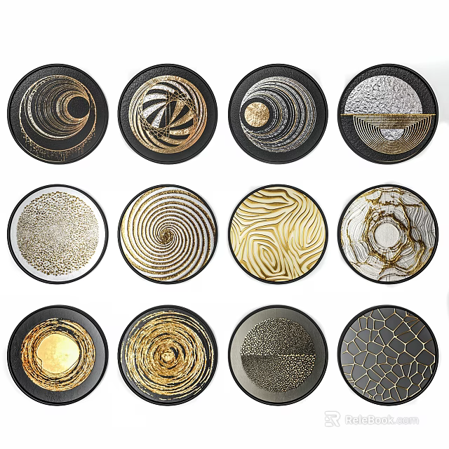 Modern Stylish Round Wall Decor With Gold Black Geometric Spiral Patterns 3d model 