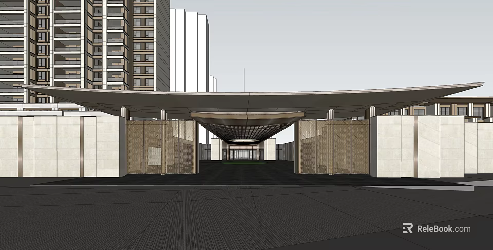 Modern Sales Office Building With Grand Entrance Canopy Surrounding High Rise Buildings And Paved Ground 3d model 