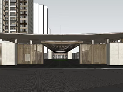Modern Sales Office Building With Grand Entrance Canopy Surrounding High Rise Buildings And Paved Ground 3d model