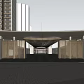 Modern Sales Office Building With Grand Entrance Canopy Surrounding High Rise Buildings And Paved Ground
