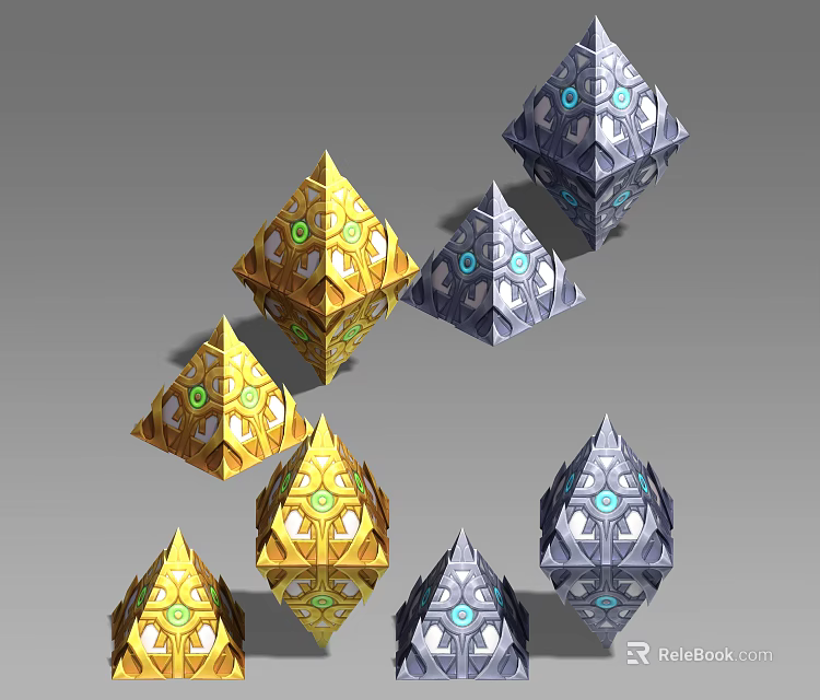 3D Rendered Decorative Geometric Scene Components With Gold Blue Pyramids Polyhedrons And Ornate Circular Decorations 3d model 
