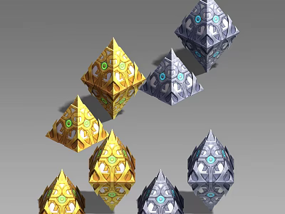 3D Rendered Decorative Geometric Scene Components With Gold Blue Pyramids Polyhedrons And Ornate Circular Decorations 3d model