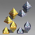 3D Rendered Decorative Geometric Scene Components With Gold Blue Pyramids Polyhedrons And Ornate Circular Decorations
