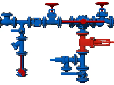 Industrial Equipment With Blue Red Pipes Valves And System Components Setup 3d model