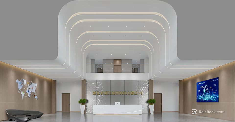 Modern Minimalist Corporate Reception Lobby With Stylish Curved Ceiling And Bright Spacious Commercial Interior Design 3d model 