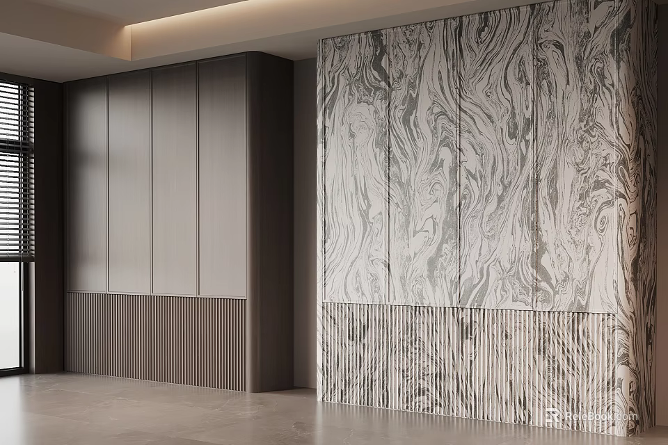 Modern Wardrobe Interior Design With Wooden Panels And Marble Texture 3d model
