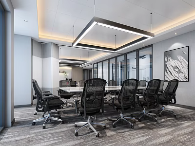 Modern Conference Room Interior With Meeting Table Black Office Chairs Glass Windows And Pendant Lights 3d model