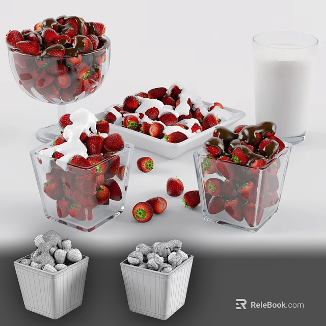 Fresh Strawberries With Whipped Cream And Chocolate Covered Berries Near Milk Glass 3d model 