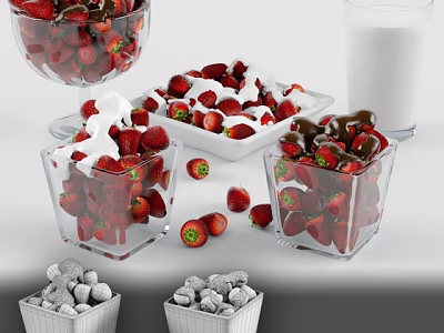 Fresh Strawberries With Whipped Cream And Chocolate Covered Berries Near Milk Glass 3d model