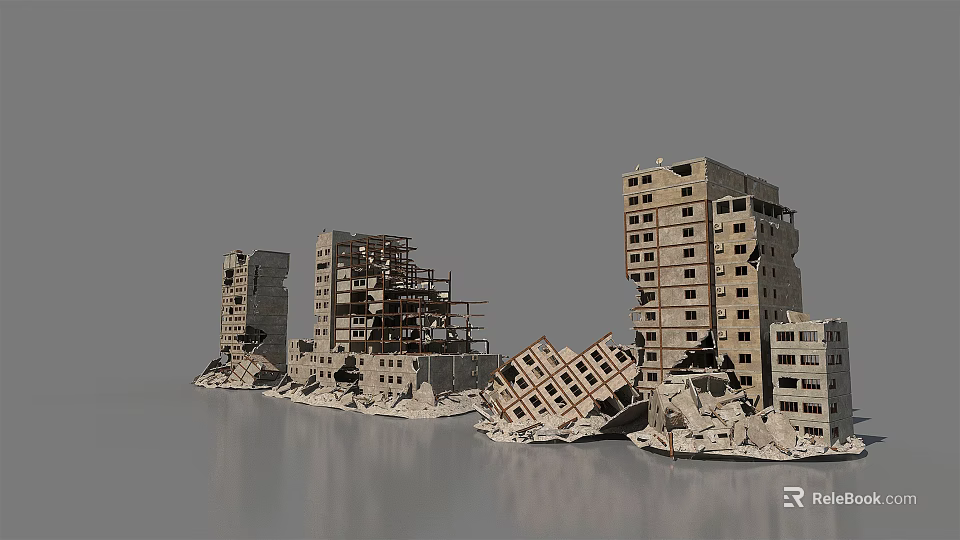 Collapsed Building Structures With Damaged High Rises Exposed Frames And Debris 3d model 