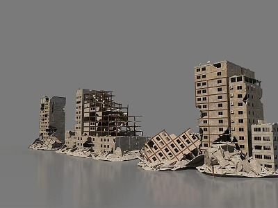 Collapsed Building Structures With Damaged High Rises Exposed Frames And Debris 3d model