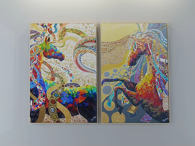Abstract Painting with Colorful Horses Decorative Patterns and Vibrant Artistic Colors 3d model