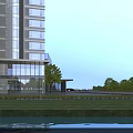 Modern High Rise Building Facade With Glass Curtain Wall Lighting And Surrounding Greenery Design