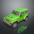 Green Two Door Off Road Vehicle With Roof All Terrain Tires And Reflective Surface