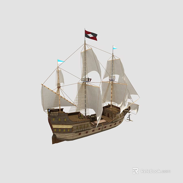 Traditional Sailing Ship With Multiple White Sails Wooden Hull And Red Flag 3d model 