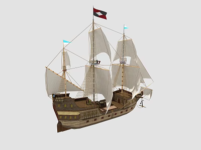 Traditional Sailing Ship With Multiple White Sails Wooden Hull And Red Flag 3d model
