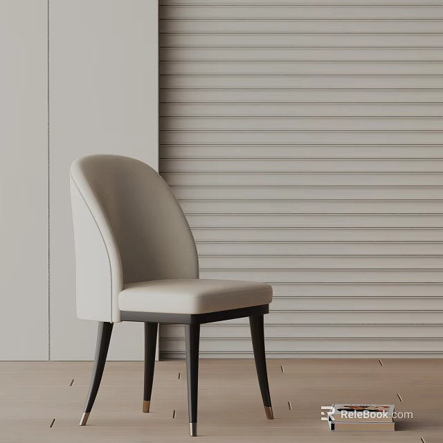 Beige Upholstered Accent Chair With Modern Curved Backrest And Black Wooden Legs Against Striped Wall 3d model 