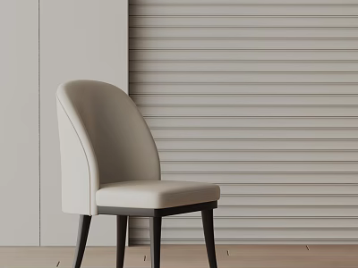 Beige Upholstered Accent Chair With Modern Curved Backrest And Black Wooden Legs Against Striped Wall 3d model