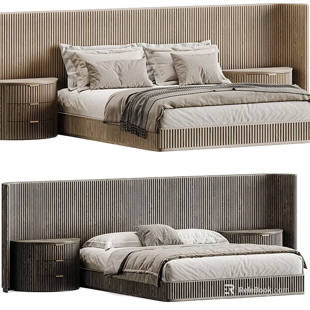 Modern Double Bed With Wooden Slat Headboard Matching Nightstands Soft Pillows And Throw Blanket 3d model 