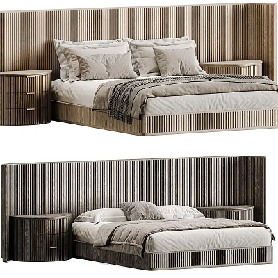 Modern Double Bed With Wooden Slat Headboard Matching Nightstands Soft Pillows And Throw Blanket 3d model