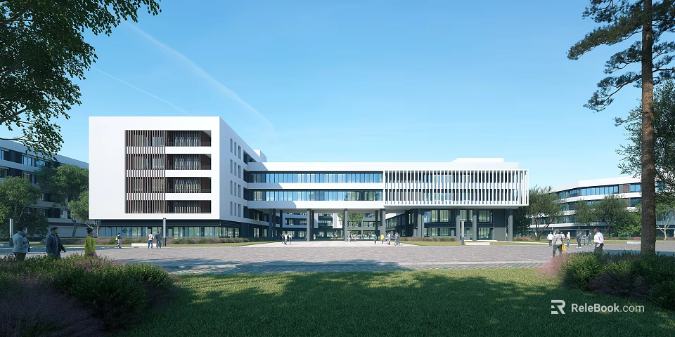 Modern School Building Multi Storey Design With Large Glass Windows Green Lawn And Open Courtyard 3d model 