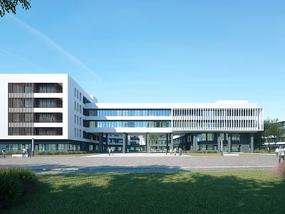 Modern School Building Multi Storey Design With Large Glass Windows Green Lawn And Open Courtyard 3d model