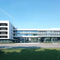 Modern School Building Multi Storey Design With Large Glass Windows Green Lawn And Open Courtyard
