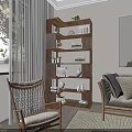 Modern Living Room With Wooden Bookshelf Storage Display Decorative Items Sofa Rocking Chair And Artwork