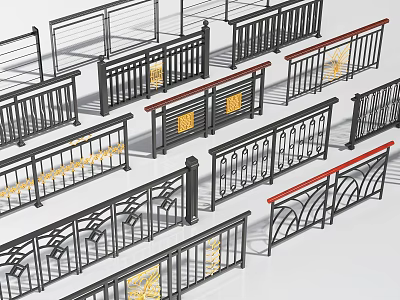Various Metal Fence Designs Featuring Black Red Accents And Intricate Patterns 3d model