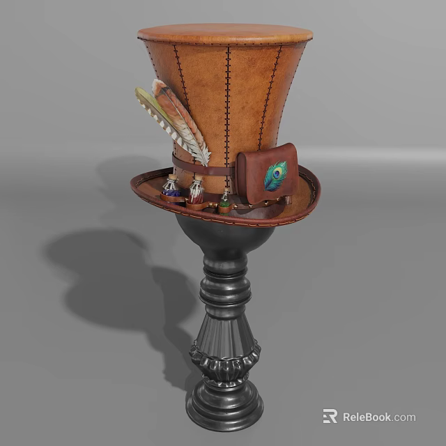 Leather Top Hat With Feather Decoration And Small Ornaments On Black Pedestal 3d model 