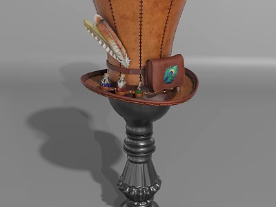 Leather Top Hat With Feather Decoration And Small Ornaments On Black Pedestal 3d model