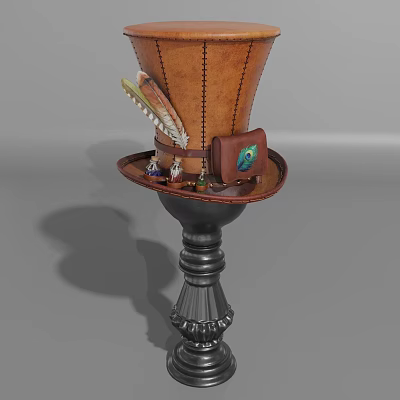 Leather Top Hat With Feather Decoration And Small Ornaments On Black Pedestal 3d model