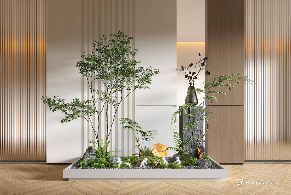 Elegant Indoor Landscape With Trees Plants Stones And Rectangular Base Against Light Colored Walls 3d model