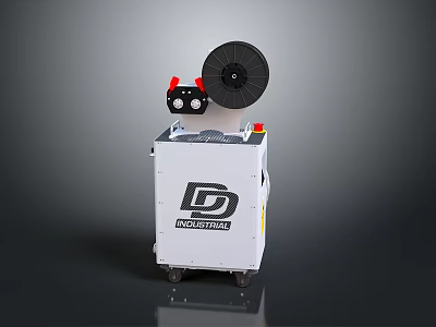 D INDUSTRIAL Mobile Industrial Equipment With White Body Black Reel Red Control Buttons And Wheels 3d model