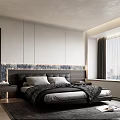Modern Bedroom Interior Design With Bed Gray Quilt Black Headboard Nightstands Blue Wall And Rug