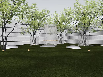 Modern Garden Wall Design With Green Trees Grass And Decorative Lights 3d model