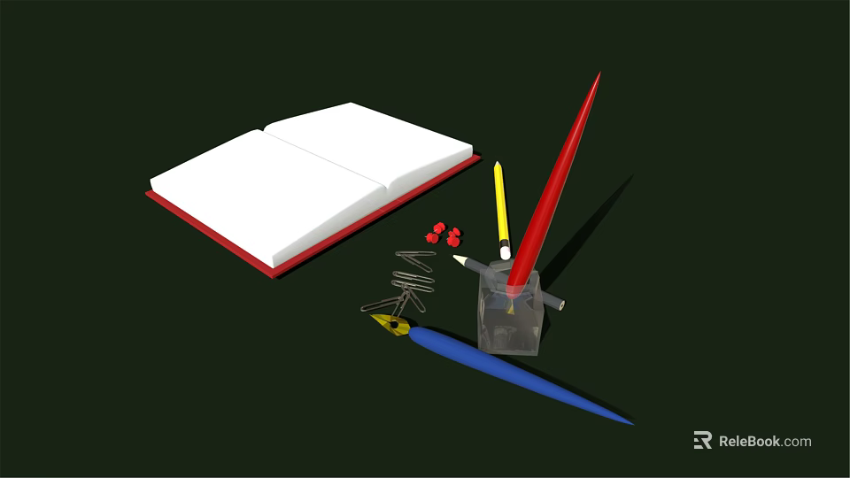 Open Notebook With Red Cover And Colorful Pens Near Glass Ink Bottle And Paper Clips 3d model 