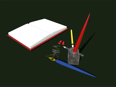 Open Notebook With Red Cover And Colorful Pens Near Glass Ink Bottle And Paper Clips 3d model